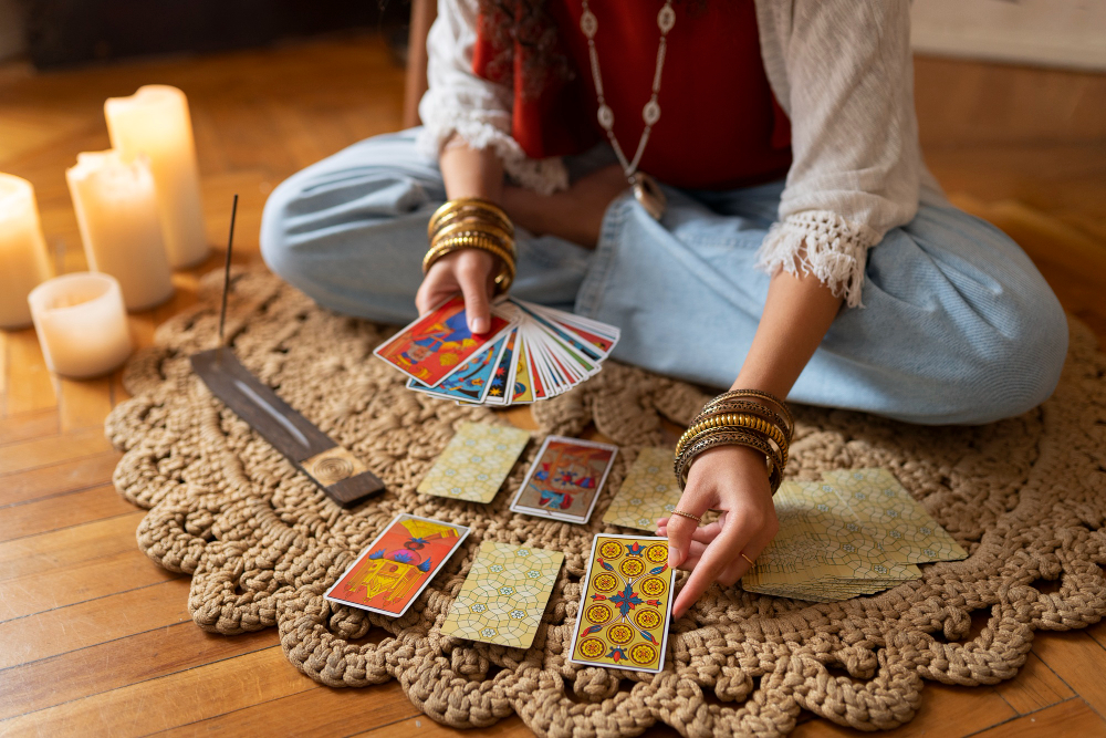 mujer alto angulo leyendo tarot casa